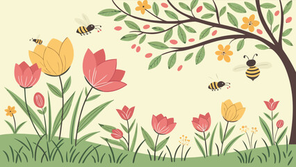 Spring garden illustration with tulips, bees, flowers, and tree for seasonal designs and nature themed projects