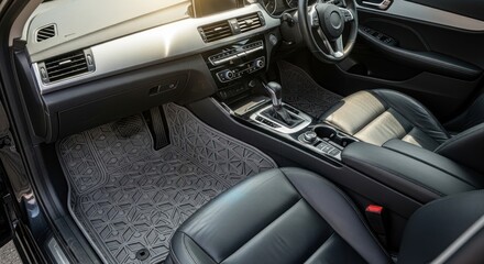 Modern Car Interior with Gray Geometric Floor Mats and Black Leather Seats