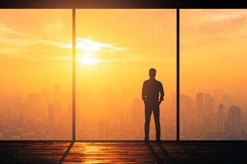 Silhouette of a man standing against a vibrant sunset sky overlooking a city. Business success and contemplation concept.