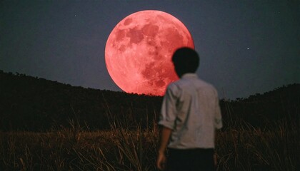 Man observing blood moon lunar eclipse in dark starless sky at night