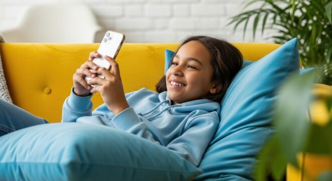 Happy young girl using her phone while resting on a cozy sofa at home. - Powered by Adobe