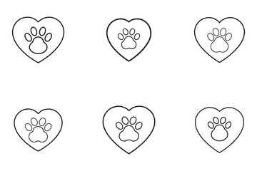 Six minimalist heart shapes with pet paw print icons representing animal love and connection to pets and veterinary care concepts