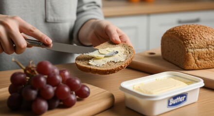 A person spreading butter on a slice of bread with a knife for breakfast.