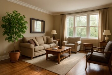 A serene living room bathed in natural light, featuring a comfortable sofa, inviting armchairs, and a lush green plant by the window, creating a warm and welcoming atmosphere