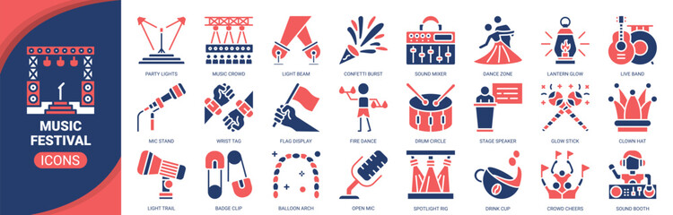 Music festival icon set. Containing icon of concert stage, live band, sound mixer, party lights, spotlight rig, and more. Solid vector icons collection.