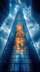 Tall glass skyscraper reflecting dramatic clouds lit by warm sunlight against a bright blue sky, creating a striking and vibrant urban scene