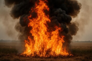 Amidst a desolate field, a wildfire rages with ferocity, casting an eerie glow over the barren landscape