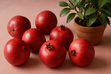 A still life composition featuring a collection of vibrant red pomegranates alongside a potted plant with lush green leaves, all set against a soft pink background