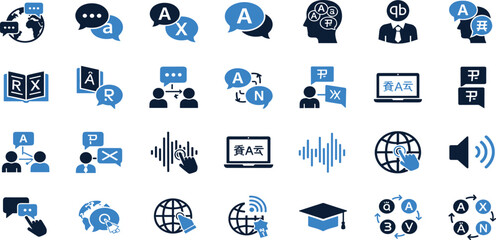 Language line icon set. Contain icons related to International Languages, Translation, Speaking, Writing, Listening, and More. Editable stroke. Vector illustration