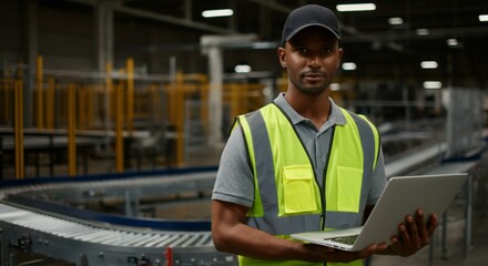 Warehouse Manager with Laptop Overseeing Conveyor Belt Operations.