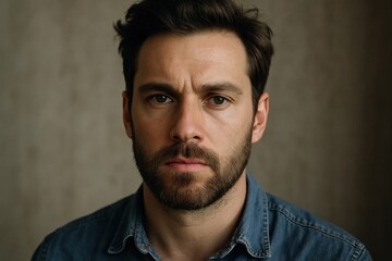 Obraz premium A man in thoughtful expression against a muted backdrop