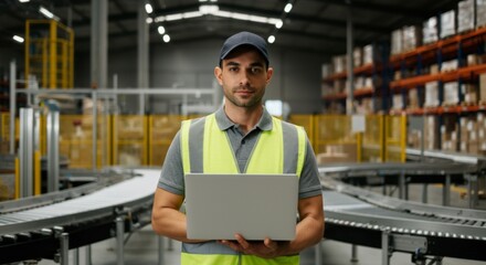 Warehouse Manager with Laptop Overseeing Conveyor Belt Operations.