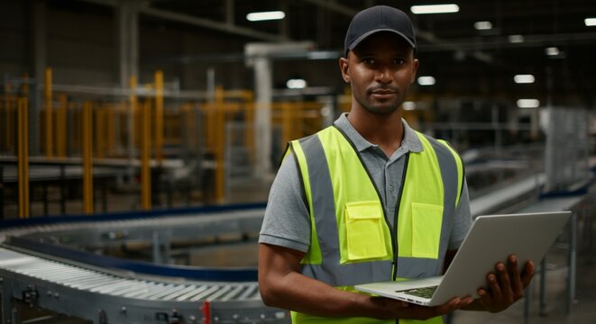 Warehouse Manager with Laptop Overseeing Conveyor Belt Operations.