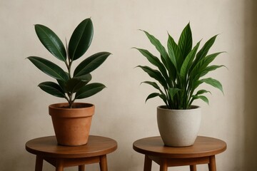 A serene indoor setting featuring two potted plants on wooden stools against a textured wall backdrop