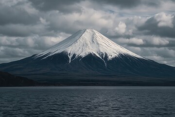 A Snow-Capped Mountain Overlooking a Tranquil Lake Under a Dramatic Sky