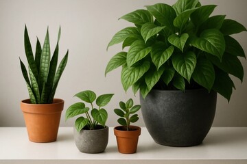 A serene indoor garden scene featuring three potted plants with vibrant green leaves on a minimalist white shelf