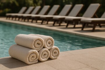 A Collection of Plush Towels on a Serene Poolside