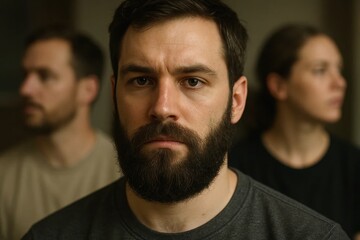 A man with a beard stands in front of two blurred figures, his gaze piercing and thoughtful