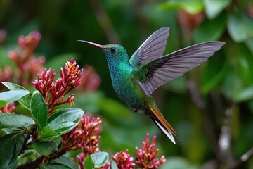 Fototapeta premium Pink blooming hummingbird hovering near vibrant flowers in a dense wooded environment during daylight hours