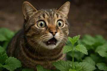 A Tabby Cat's Curious Gaze Through the Leafy Veil