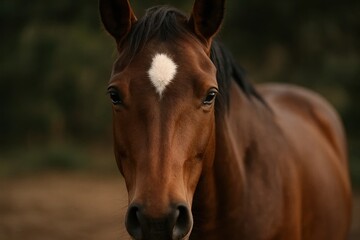 Obraz premium A horse with a white blaze stands in quiet contemplation