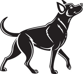 Black silhouette of a dog looking up attentively black and white