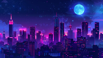 A dreamy cityscape under moonlight in neon vector style 