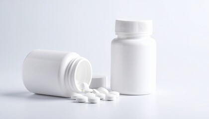 White Pills Bottle with Open Lid and Pills Dispersed on Clean White Background Representing Health Care