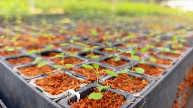 Freshly sprouted Corymbia torreliana seedlings in cocopeat-filled tubes, arranged neatly in a nursery environment.
- Powered by Adobe