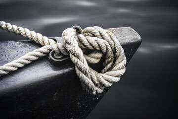 Close-up of a thick rope tied in a knot on the metal bow of a boat floating on dark water