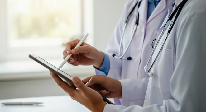 Doctors Using Digital Tablet for Medical Consultation and Data Review.