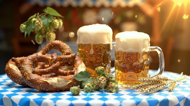 Oktoberfest background with pretzels, beer glasses, hops, wheat stalks, and blue checked cloth