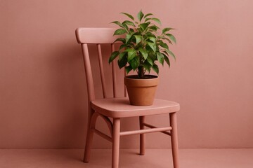 A serene indoor setting with a pink chair and a potted plant on a textured pink wall
