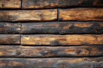 Close-up view of horizontally stacked rustic wooden logs with natural textures and burnt marks creating a warm, earthy atmosphere