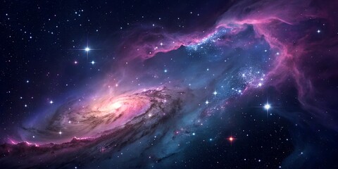 Obraz premium A breathtaking view of a vibrant spiral galaxy and a colorful nebula in the vastness of deep space.