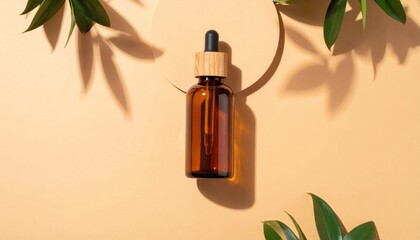 Elegant Bottle of Essential Oil on Textured Wall Surrounded by Natural Light Creating a Calm Atmosphere