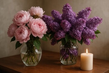 Fototapeta premium two vases filled with delicate pink roses and purple lilacs, accompanied by a softly burning candle, evoking an atmosphere of peaceful contemplation
