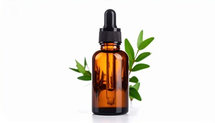 Elegant Bottle of Essential Oil with Fresh Green Leaf Evoking Calmness and Natural Wellness Vibes