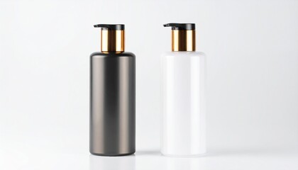 Elegant Arrangement of Two Stylish Bottles in Black and White with Luxurious Gold Lids on Display