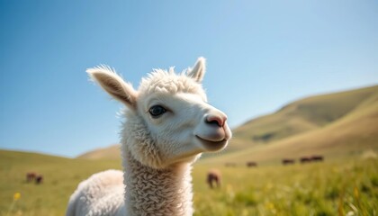 Fototapeta premium Fluffy llama lamb explores sunny meadow, soft fur, curious expression, rolling hills, blue sky, Andes, spring