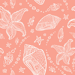 Seastar and conch seamless pattern. Starfish and shells tribal sea zen tangl endless texture. Maori ocean light pink editable boundless background.
