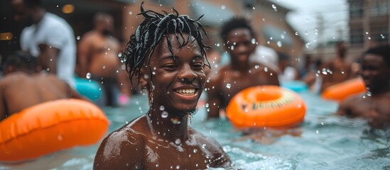 Pool Party with Friends and Inflatables on a Sunny Summer Day