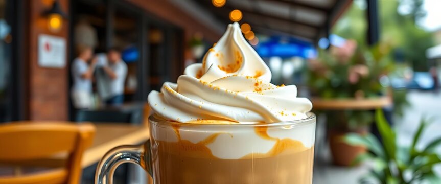 Close-up of creamy latte macchiato, whipped cream, outdoor cafe, coffee, energy - Powered by Adobe