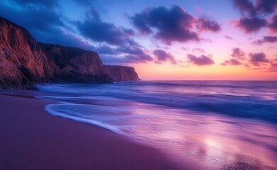 Obraz premium Serene beach scene at sunset with pink and purple sky, calm waves gently washing up on sandy shore, and rocky cliffs in the background