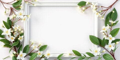 Elegant empty square frame adorned with delicate white flowers and leaves; simple floral still life, elegant, blank space