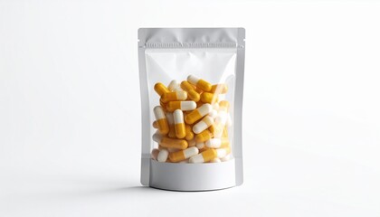 Bag of Colorful Pills on Pristine White Background Representing Health Wellness and Medical Care Options