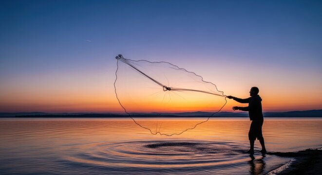 Fisherman Silhouetted Against Vibrant Sunset, Casting Net into Calm Lake Waters - Powered by Adobe
