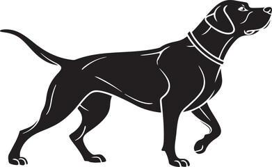 Black silhouette of a pointer dog with a collar on white