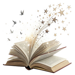 Unlock boundless imagination as stars and birds soar from an open book in a magical burst of light