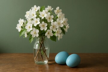 White daffodils in a clear glass vase, accompanied by two freshly cracked blue eggs, set against a muted green backdrop